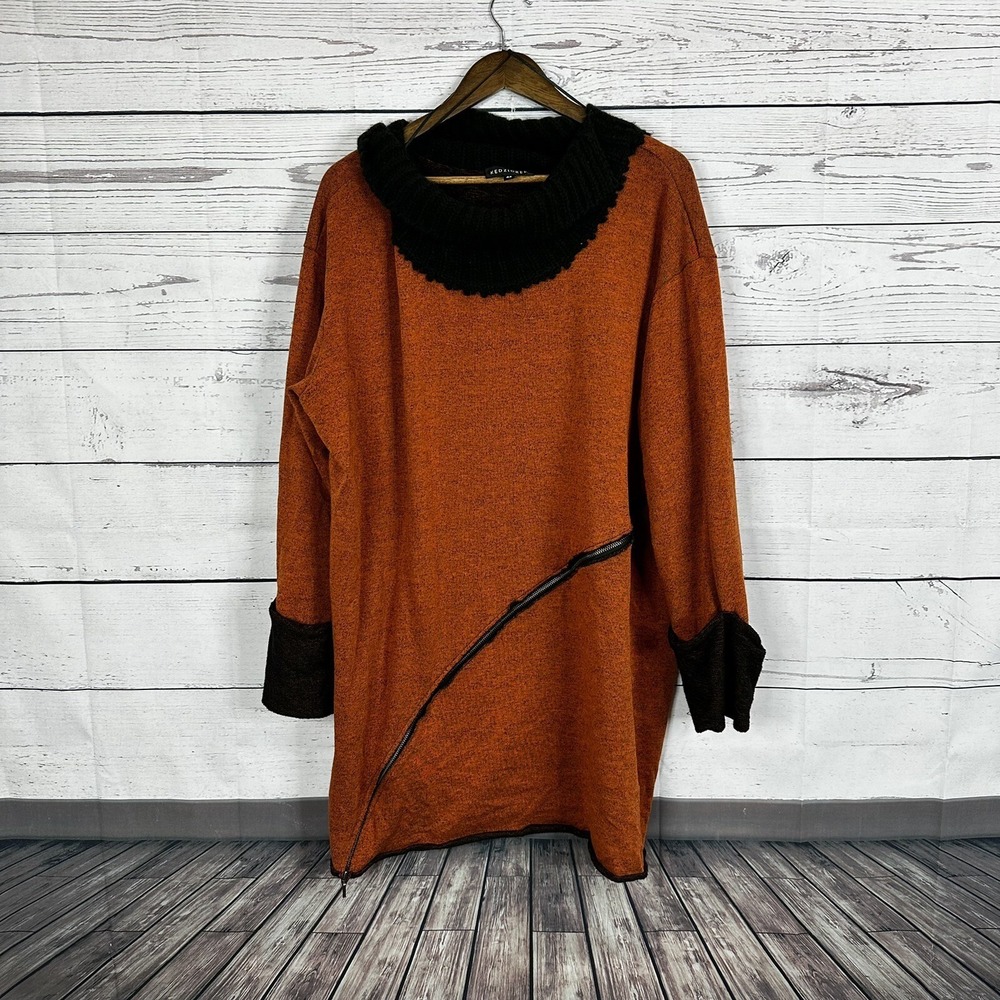 Kedziorek‎ Sweater Womens 12 44 Orange Lagenlook Boxy Knit Art Zippers Tunic